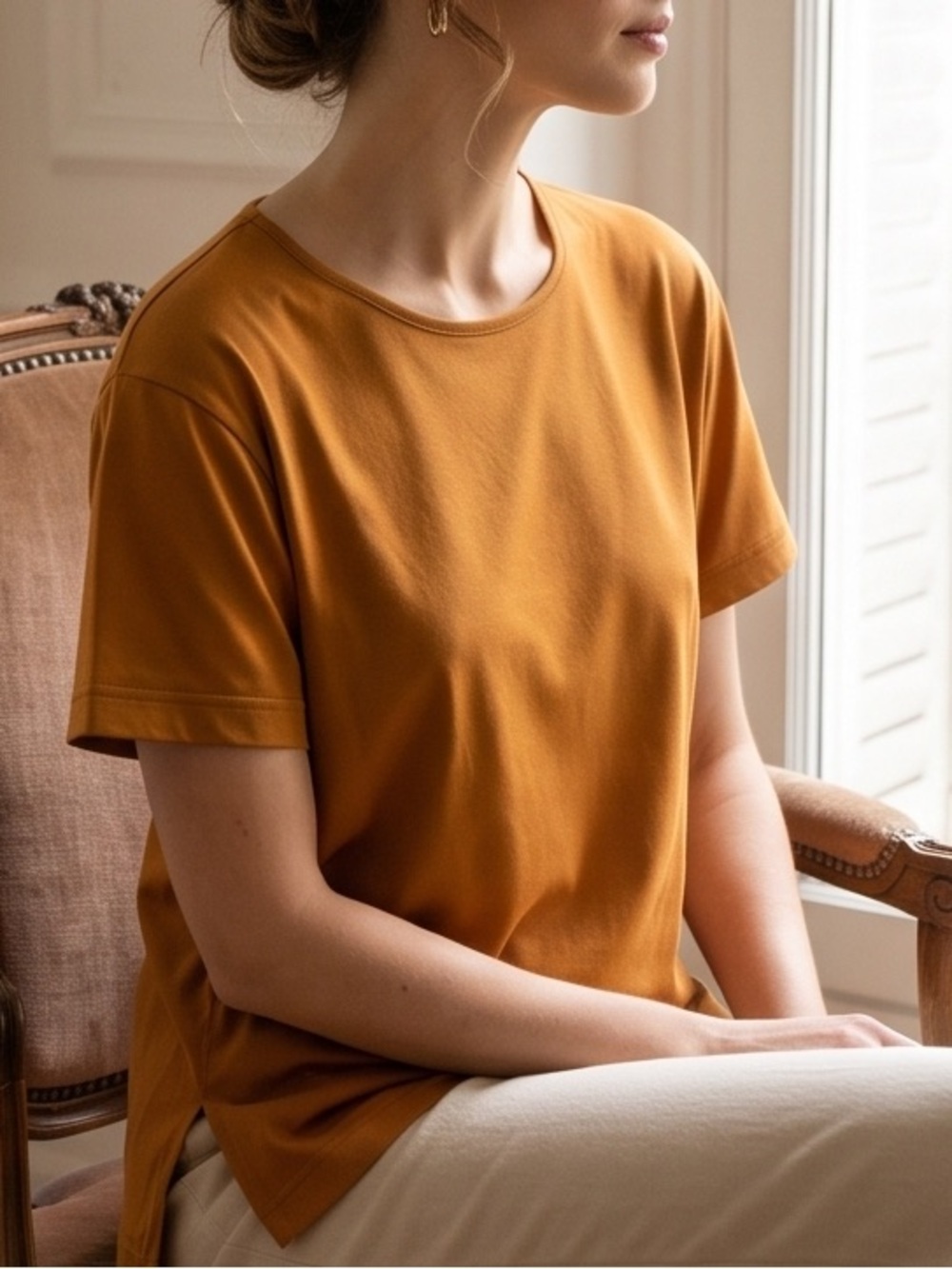 Jaeger - Chic 100% Cotton Everyday Short Sleeve Crewneck Tee Mustard Easy Comfy